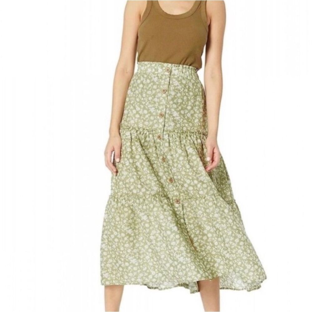Eberjey NWOT Green Floral Tiered Button Front Cotton Maxi Skirt Boho Small